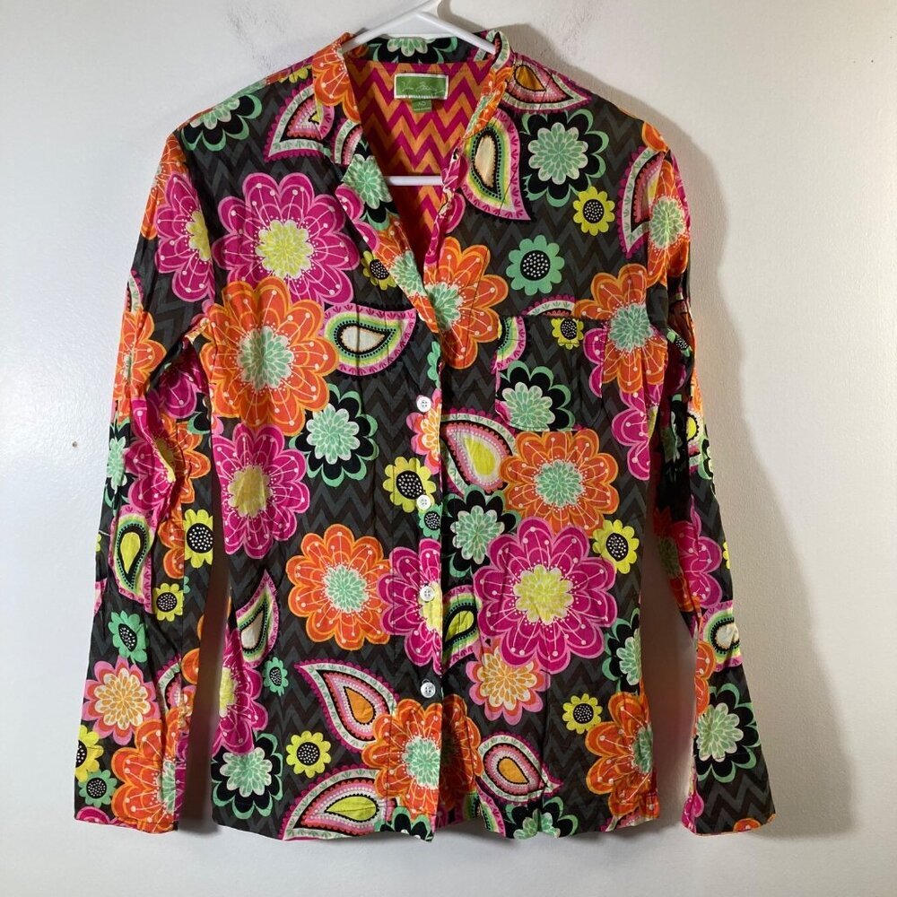 Womens Vera Bradley Floral PJ Button Top Long Sleeve Black Orange Pink XS